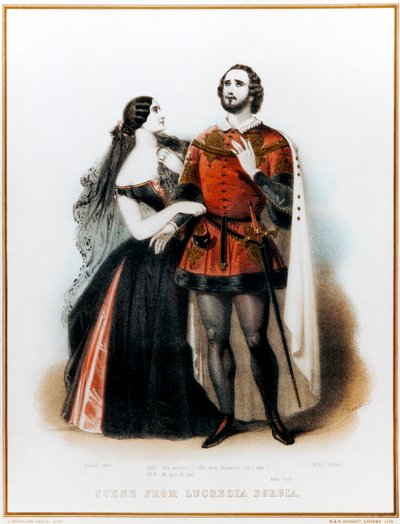 Opera Gaetana Donizettiho Lucrezia Borgia - Úvod do scény II s Mario (italský tenor: 1810-1883) a Grisi (1811-1869) v Londýně, HM Theatre Production, 6. června od John (after) Brandard