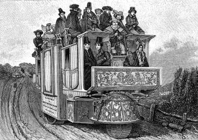 Tříkolový mechanický vůz od Dr. Williama Churche (asi 1778-1863), postavený v Birminghamu v roce 1833 (Anglie). Rytina 1895 od John (after) Cooke