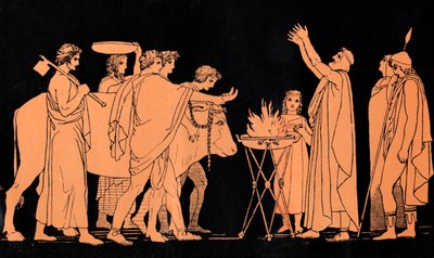 Nestor, král Pylosu a bývalý bojovník v trojské válce, obětuje býky Poseidonovi, scéna z Homérovy Odyssey (tisk) od John (after) Flaxman