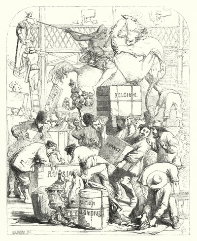 Příjezd zboží, které má být vystaveno na Velké výstavě v roce 1851, Crystal Palace, Hyde Park, Londýn (rytina) od John (after) Gilbert