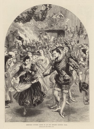 Vánoční country tanec ve starém anglickém baronském sále (rytina) od John (after) Gilbert