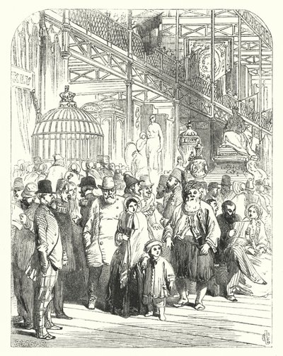 Vystavovatelé a návštěvníci v Crystal Palace, Hyde Park, Londýn, místo konání Velké výstavy z roku 1851 (rytina) od John (after) Gilbert