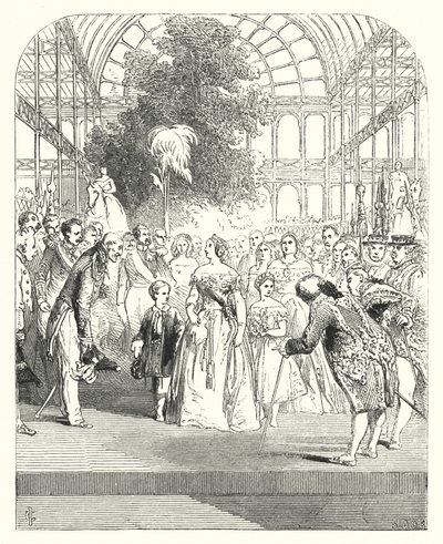 Královna Viktorie a její děti na návštěvě Velké výstavy z roku 1851, Crystal Palace, Hyde Park, Londýn (rytina) od John (after) Gilbert