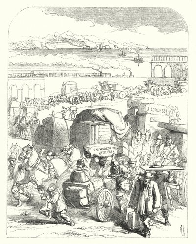 Lodě a vlaky přivážející návštěvníky na Velkou výstavu z roku 1851, Crystal Palace, Hyde Park, Londýn (rytina) od John (after) Gilbert