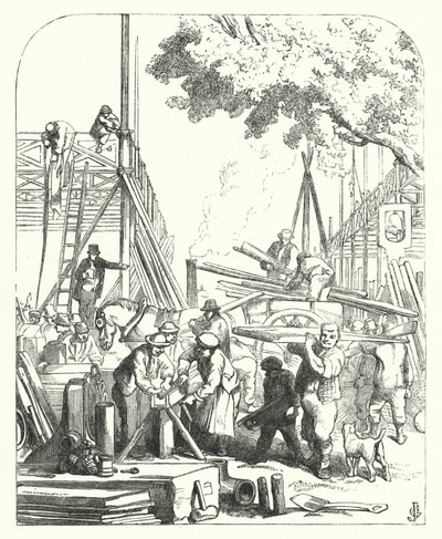 Dělníci na místě Crystal Palace, Hyde Park, Londýn, místo konání Velké výstavy z roku 1851 (rytina) od John (after) Gilbert