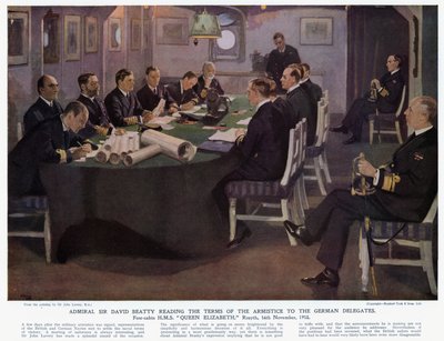 Admirál Sir David Beatty čte podmínky příměří německým delegátům, přední kajuta HMS Queen Elizabeth, Rosyth od John (after) Lavery