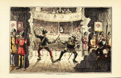 Herci hrající Jindřicha Tudora bojujícího s anglickým králem Richardem III. na jevišti v divadle od John (after) Leech