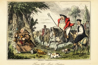 Král Jindřich VIII. ve viktoriánském loveckém oblečení s pastýřským gaunerem na koni honí katolického mnicha prchajícího s kostelním zlatem od John (after) Leech