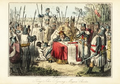Král Jan obklopený barony a biskupy podepisující Magnu Chartu v Runnymede od John (after) Leech