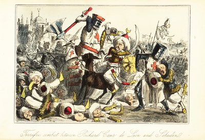 Král Richard I. bojující se Saladinem v bitvě u Arsufu (Azotus), Palestina od John (after) Leech
