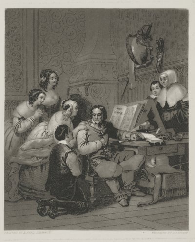 Rodina Cromwellů se přimlouvá za život Karla I., tisk vytvořil Alfred Johannot (mezzotinta) od John (after) Sartain