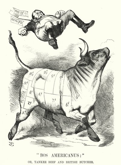 Punch cartoon: Bos Americanus; nebo Yankee Beef and British Butcher - očekávané výhody pro spotřebitele z dovozu amerického masa (rytina) od John (after) Tenniel