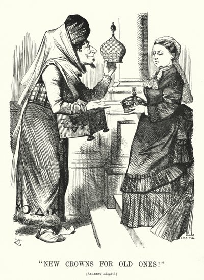 Punch cartoon: Nové koruny pro staré. Benjamin Disraeli (jako Aladdin) s královnou Viktorií - zákon o královských titulech z roku 1876, který uznává královnu jako císařovnu Indie (rytina) od John (after) Tenniel