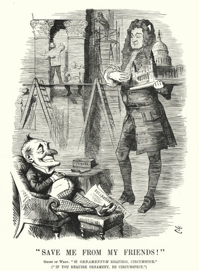 Punch cartoon: Save Me from My Friends - duch sira Christophera Wrena a výzdoba katedrály svatého Pavla v Londýně (rytina) od John (after) Tenniel