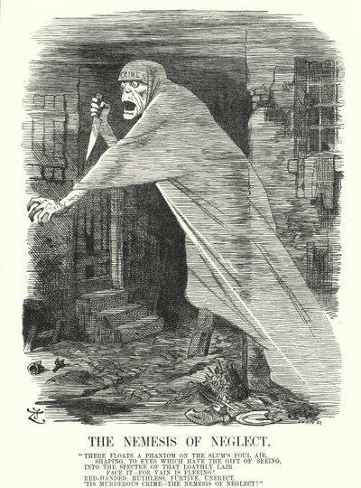 Punch cartoon: The Nemesis of Neglect - chudoba a zločin v Londýně v době vražd Jacka Rozparovače (rytina) od John (after) Tenniel