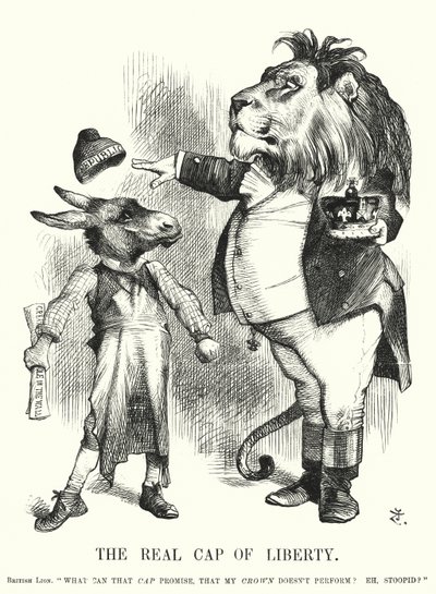 Punch cartoon: The Real Cap of Liberty - nadřazenost britské konstituční monarchie nad republikanismem (rytina) od John (after) Tenniel