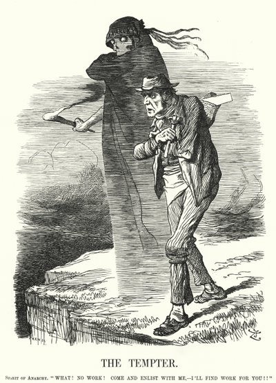 Punch cartoon: The Tempter - pokušení anarchismu pro nezaměstnané (rytina) od John (after) Tenniel
