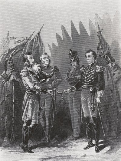 Vzdání se amerického generála Williama Hulla britským jednotkám a indiánským válečníkům v Detroitu, 15. července od Walter Charles Mills