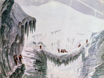 Lezení na Mont Blanc, horolezci zavěšeni na trhlině, akvarel, Francie od Walter Charles Mills