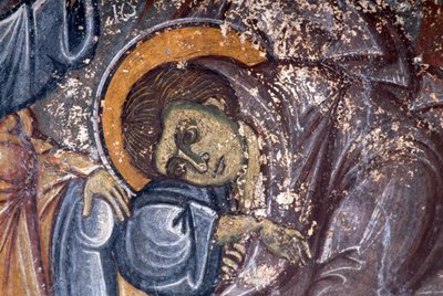 Postava světce, Ioannis Pagomenos, detail fresky v byzantském kostele svatého Jiří, Anidri, Kréta, Řecko (foto) od Walter Charles Mills