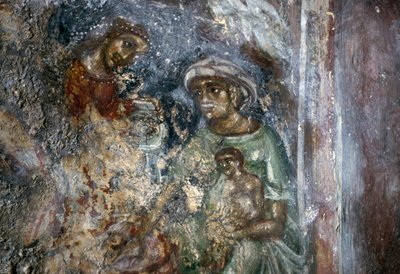 Freska Svaté rodiny, byzantský kostel Ayios Stephanos, Drakona, Kréta, Řecko (foto) od Walter Charles Mills