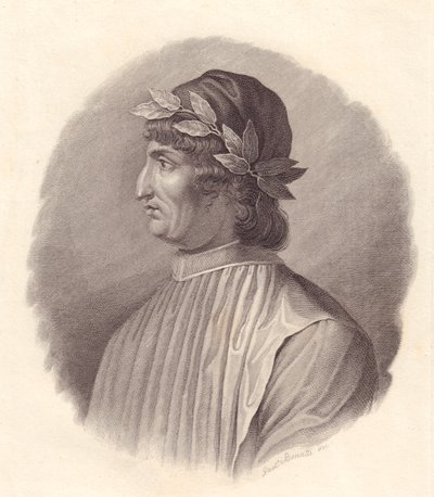 Portrét italského básníka a humanisty Angela Ambroginiho, známého také jako Poliziano (1454-1494), mědirytina G Bonattiho od Walter Charles Mills