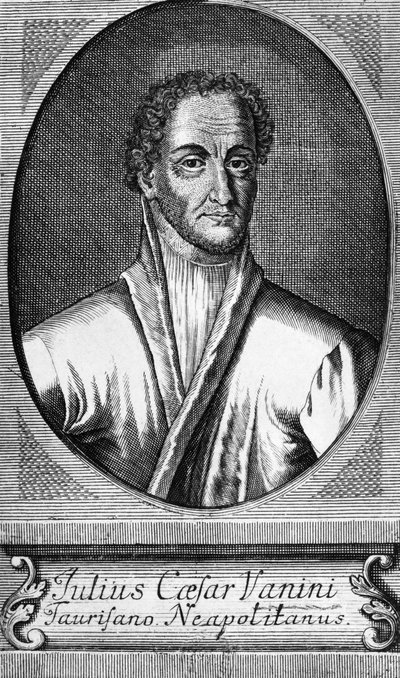 Portrét Lucilia Vaniniho, známého jako Giulio Cesare Vanini (1585-1619), italského filozofa, lékaře a volnomyšlenkáře, který byl jedním z prvních významných představitelů intelektuálního libertinismu, rytina od Walter Charles Mills