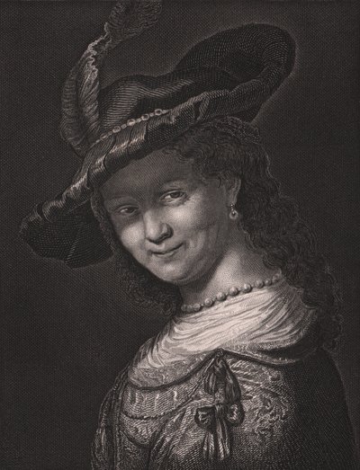 Portrét Saskie van Uylenburgh (1612-1642), manželky Rembrandta, rytina L Raaba z malby Rembrandta, z Payne
