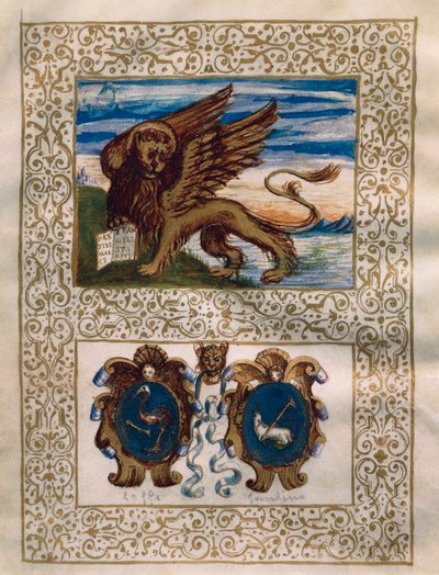 Okřídlený lev Benátek a erby Leffe a Gandino, miniatura z Privilegio della Serenissima alla Val Gandino, 18. června od Walter Charles Mills