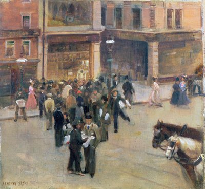 Čekání na výsledky (Velký zápas Notts vs. Surrey, Nottingham, srpen 1892) (olej na desce) od John Alfred Arnesby Brown