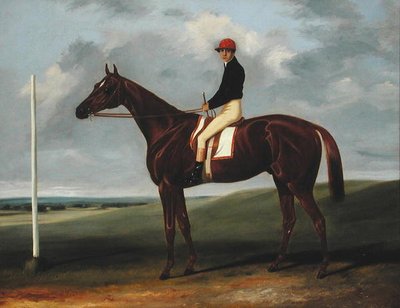 Kaštanové hříbě s žokejem nahoře a startovním stanovištěm (olej na plátně) od John Alfred Wheeler
