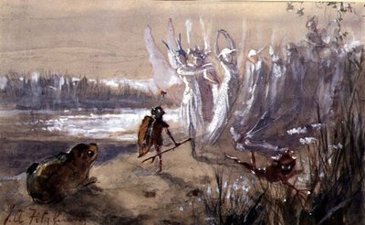 Zastavení v průvodu víl (akvarel, kvaš na papíře) od John Anster Fitzgerald