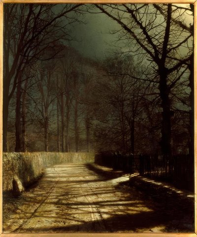 J.A.Grimshaw, Měsíčná ulička se dvěma milenci u brány / Gem. od John Atkinson Grimshaw