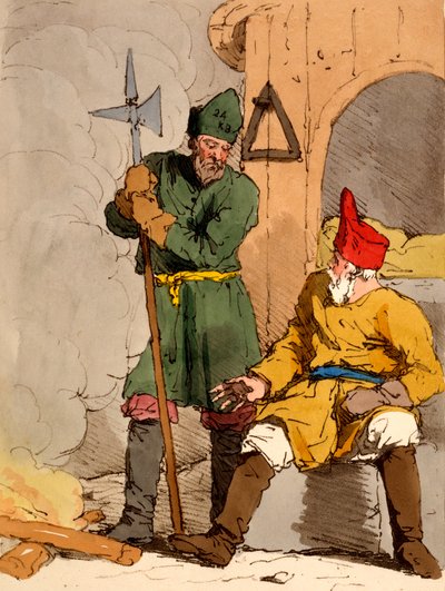 „Boutoushniki“ neboli Strážci, ilustrace z „Mýry, zvyky a zábavy Rusů“ od Jamese Walkera, vydané 1803-4 (lept akvatinty) od John Augustus Atkinson