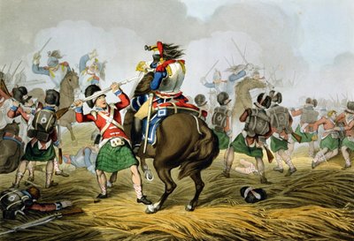Francouzští kyrysníci v bitvě u Waterloo, nabiti a poraženi Highlanders a Scots Greys, vyryto Matthewem Dubourgem (fl. 1813-20) z 