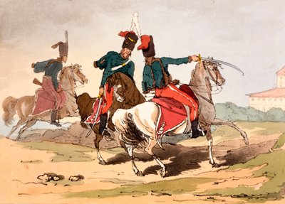 Husaři v uniformách maďarského stylu, ilustrace z „Manners, Customs und Amusements of the Russian“ od Jamese Walkera, vydané 1803-4 (lept akvatinty) od John Augustus Atkinson