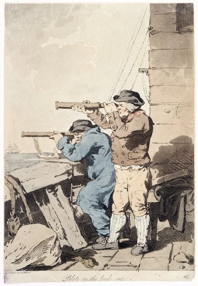 Dva piloti na pozorování, každý s vlastním dalekohledem (dlouhý pohled), namířeným na moře z plošiny opevněné budovy. od John Augustus Atkinson