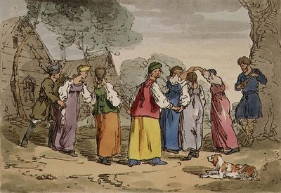Vesnické zábavy, deska 82 ze svazku III „Zvyky, zvyky a zábavy Rusů“, vyryto umělcem, hospoda. 1804 (akvatinta) od John Augustus Atkinson