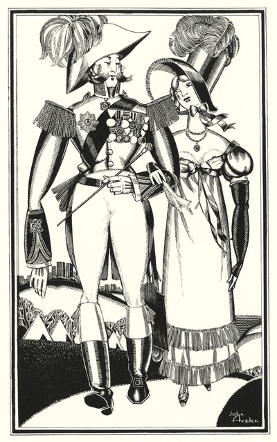 Ilustrace pro Dona Juana od Lorda Byrona: Medaile, hodnost, stuhy, krajka, výšivka, šarlatová (litho) od John Austen
