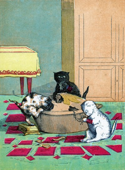 Tři malá koťátka v rukavicích a jedí koláč, Ilustrace z "Three Little Kittens" 1859 od John Ballantyne