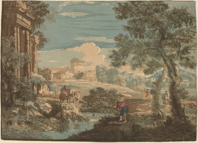 Hrdinská krajina s rybářem, krávami a jezdci od John Baptist Jackson after Marco Ricci
