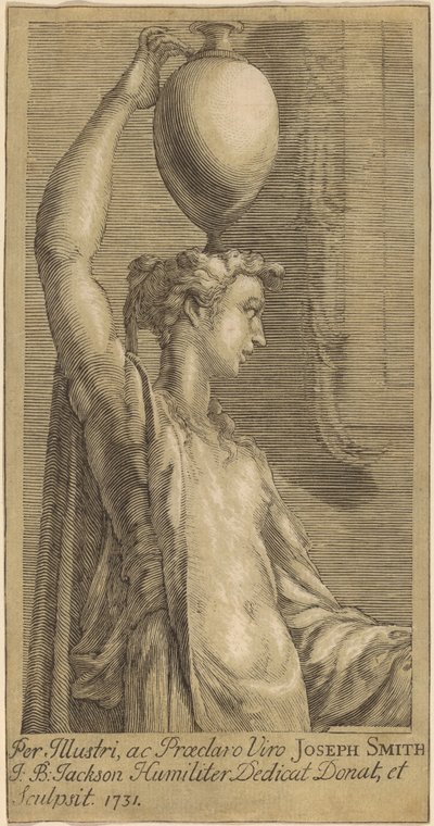 Žena stojící drží sklenici na hlavě od John Baptist Jackson, after Parmigianino