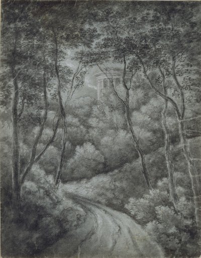 Krajina s cestou lesem a klasickým chrámem (měkký grafit a bílá křída na modrém papíře) od John Baptist Malchair