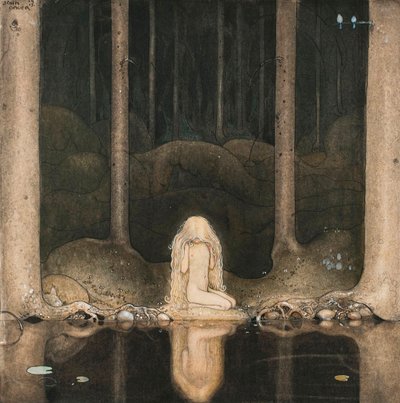 Princezna Tuvstarr s nostalgií při pohledu na vodu jezera od John Bauer