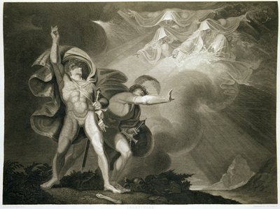 Macbeth, Banquo a tři čarodějnice na vřesovišti v dějství I, scéna III Macbetha od Williama Shakespeara (1564-1616), publikováno 1805 od John Boydell