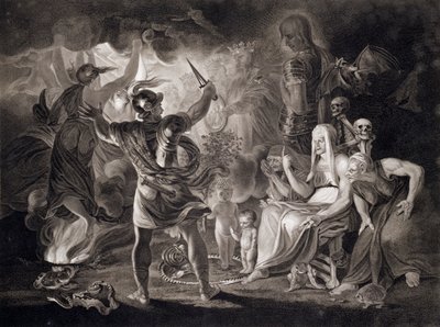 Macbeth, tři čarodějnice a Hecate, 1805 od John Boydell