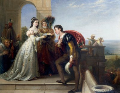 "Rosalinde et Orlando" Personnages de la piece de theatre "Comme il vous plaira" de William Shakespeare. (Rosalinda a Orlando ze Shakespearova díla "Jak se vám líbí") Peinture de John Bridges (1818-1854) Collection privee od John Bridges