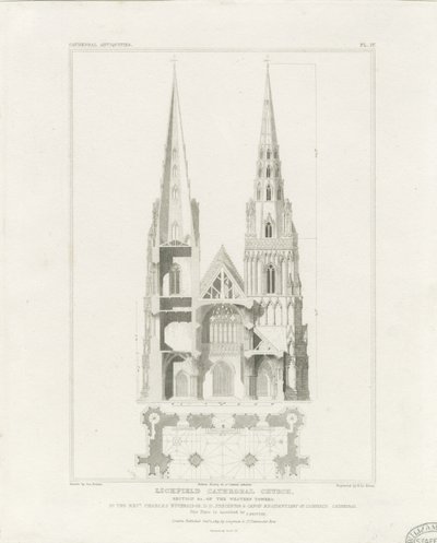 Katedrála Lichfield – západní fronta: rytina, nd [c 1819] od John Britton