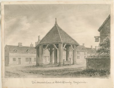 Abbots Bromley - Market House and Stocks: sépiová kresba, 1839 od John Buckler