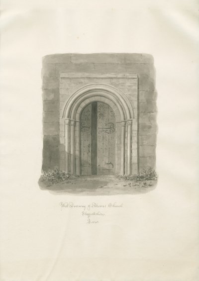 Kostel Alrewas - West Doorway: sépiová kresba od John Buckler